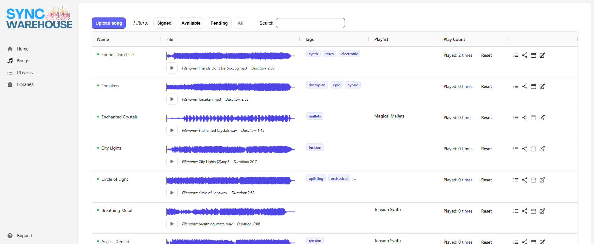 a list of songs with their waveform and stats
